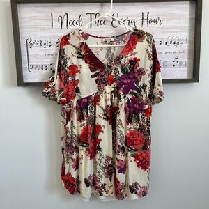 ANDREE BY UNIT Cream Floral V-Neck Tunic with Red & Purple Blooms